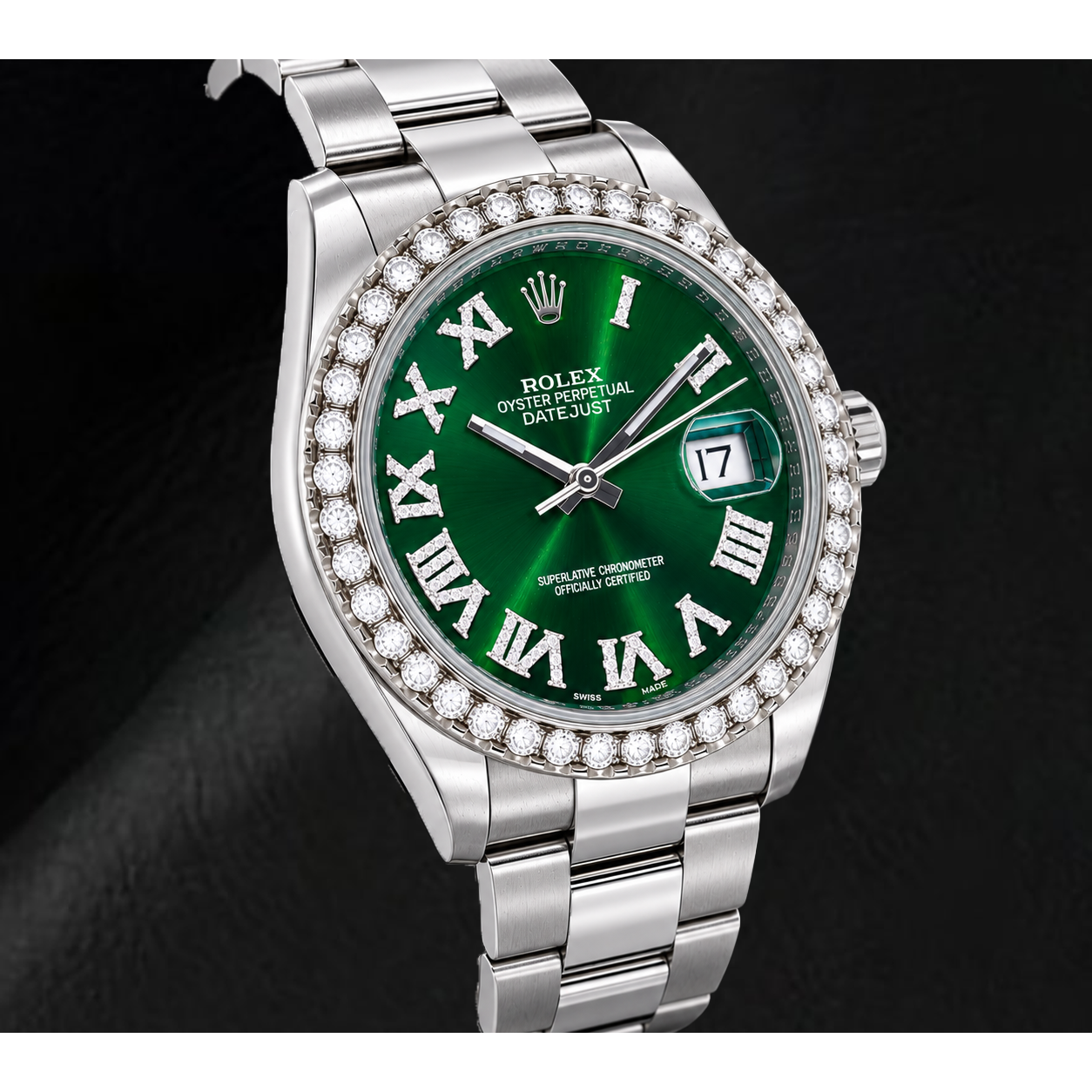 Rolex Datejust 126300 41 mm Uhr aus Edelstahl mit grünem römischem Diamantzifferblatt
