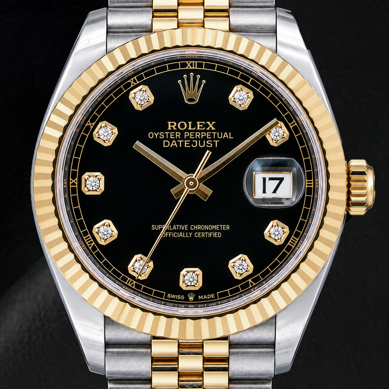 Rolex Datejust 126333 41 mm Bicolor-Uhr mit schwarzem Diamantzifferblatt