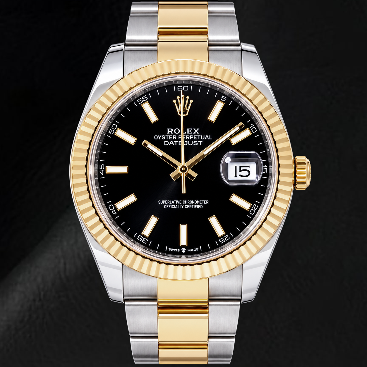 Rolex Datejust 126333 41 mm Bicolor-Uhr mit schwarzem Leuchtzifferblatt