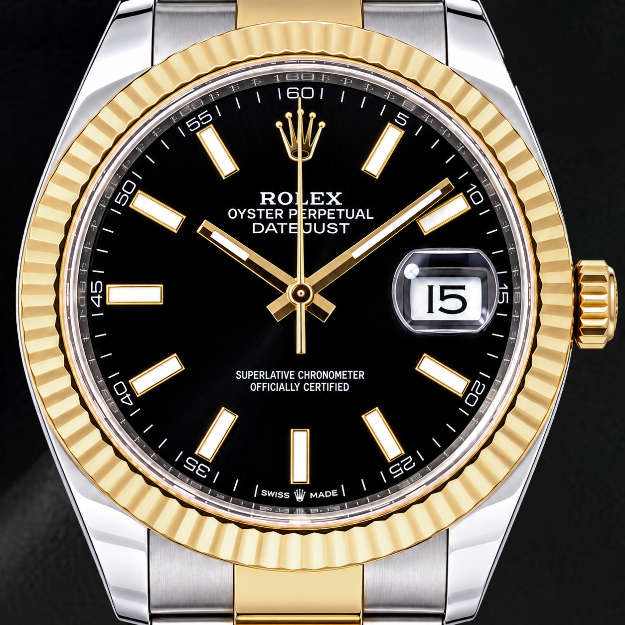 Rolex Datejust 126333 41 mm Bicolor-Uhr mit schwarzem Leuchtzifferblatt