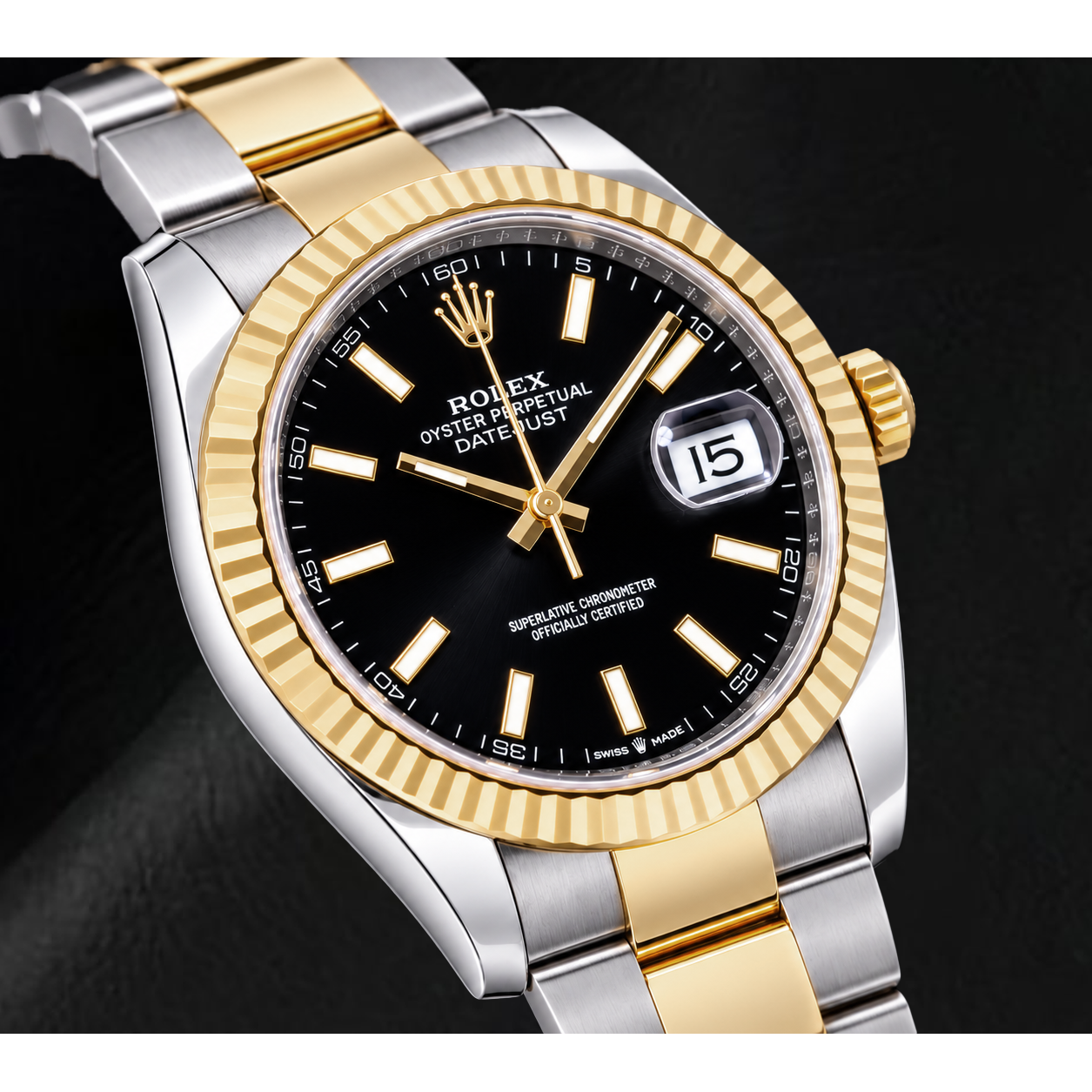 Rolex Datejust 126333 41 mm Bicolor-Uhr mit schwarzem Leuchtzifferblatt