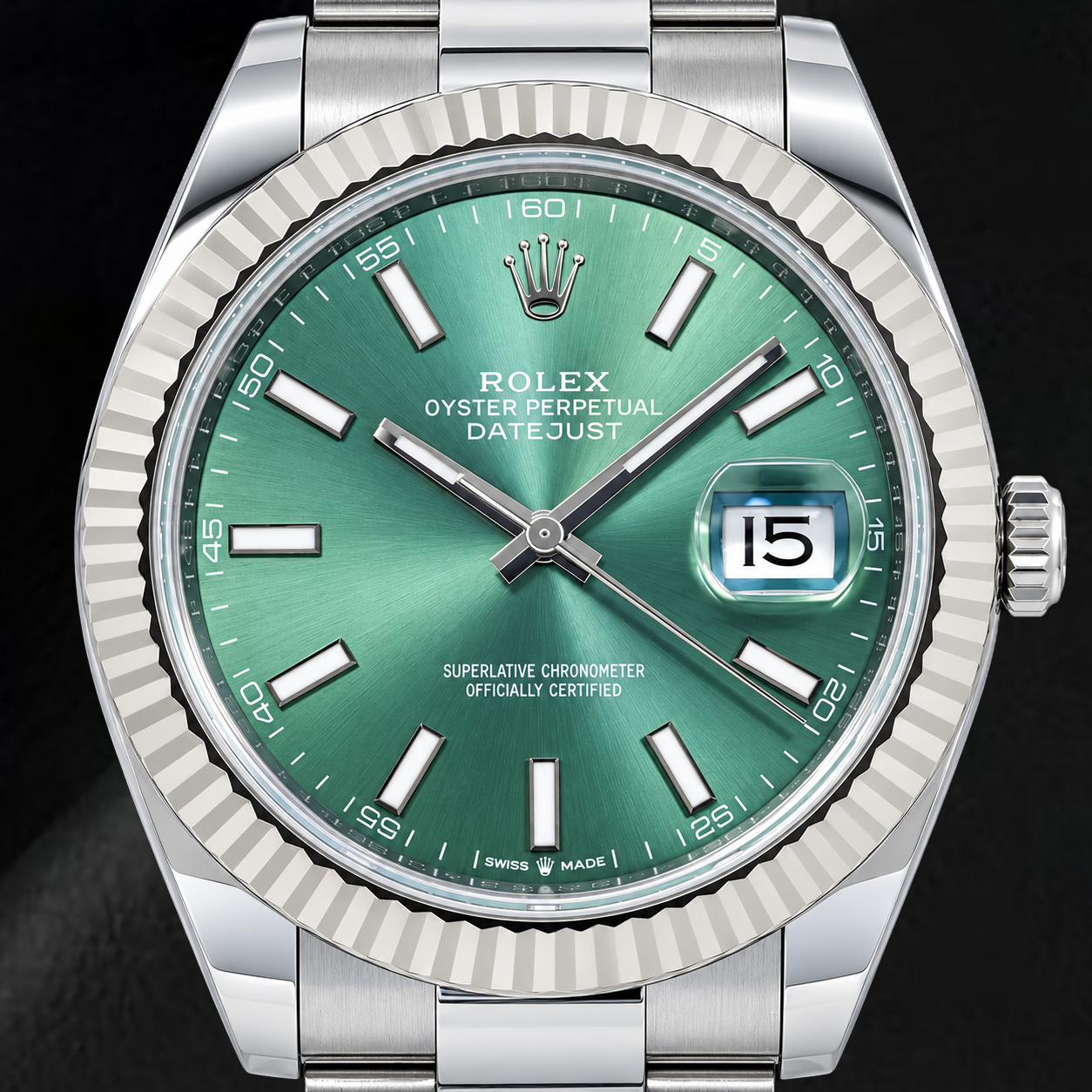 Rolex Datejust 126334 41 mm Edelstahl-Armbanduhr mit grünem Leuchtzifferblatt