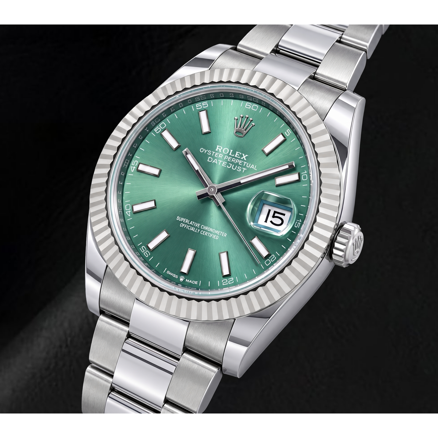 Rolex Datejust 126334 41 mm Edelstahl-Armbanduhr mit grünem Leuchtzifferblatt