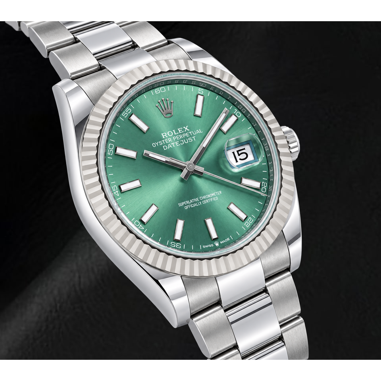 Rolex Datejust 126334 41 mm Edelstahl-Armbanduhr mit grünem Leuchtzifferblatt