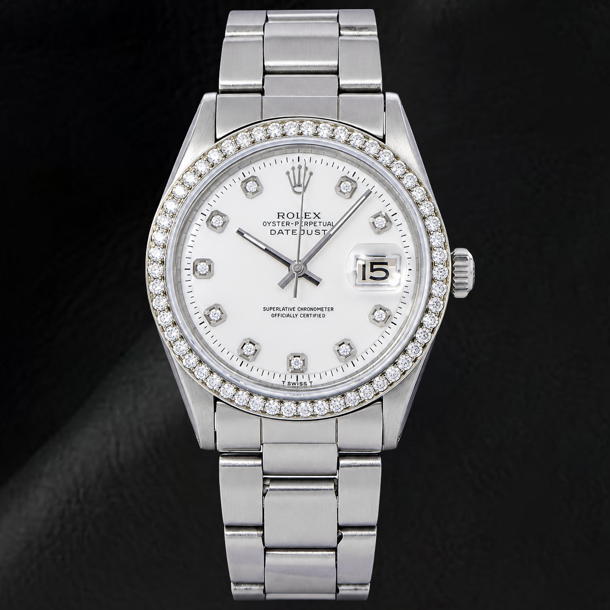 Rolex Datejust 1601 36 mm Edelstahl-Uhr mit weißem Diamantzifferblatt