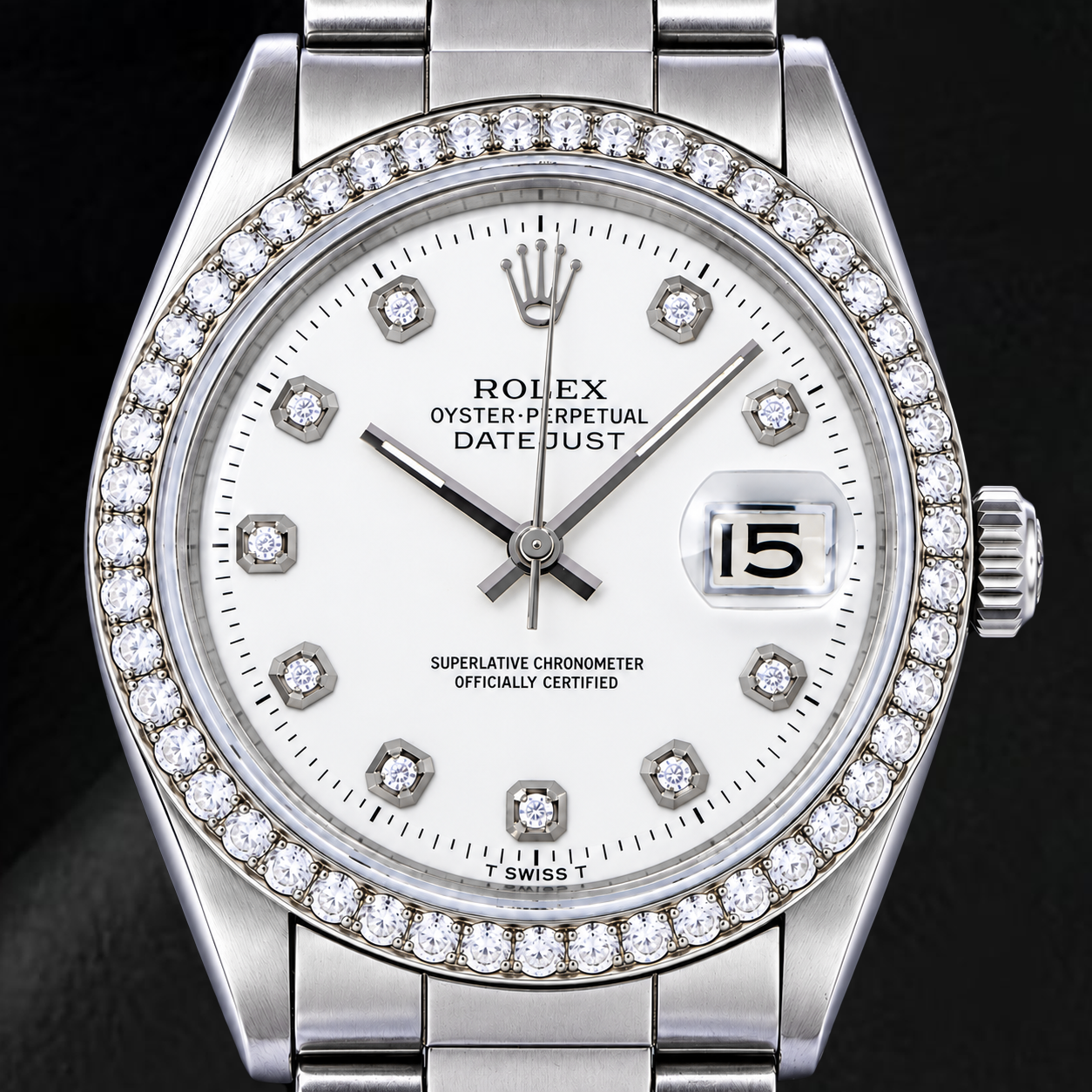 Rolex Datejust 1601 36 mm Edelstahl-Uhr mit weißem Diamantzifferblatt