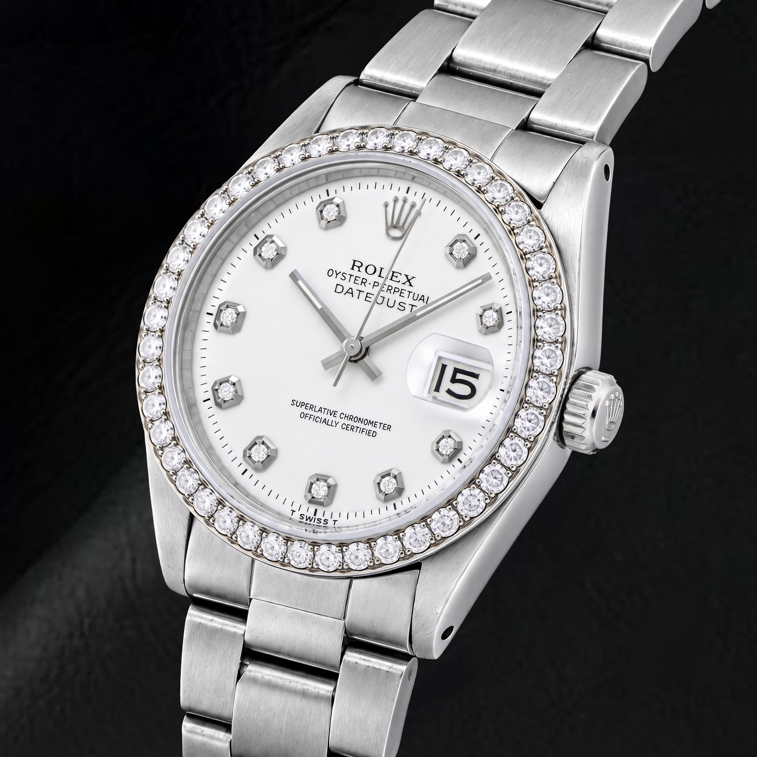 Rolex Datejust 1601 36 mm Edelstahl-Uhr mit weißem Diamantzifferblatt