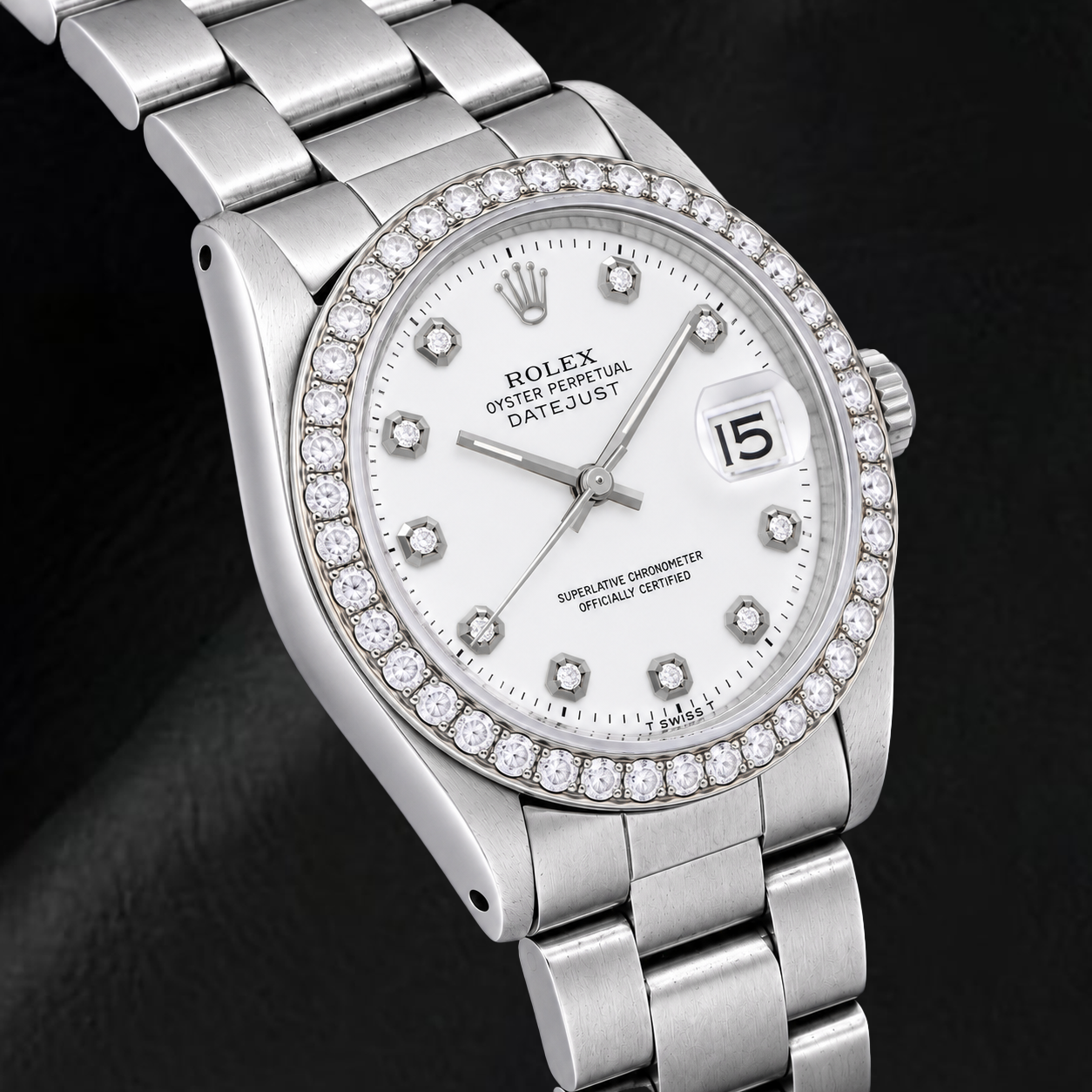 Rolex Datejust 1601 36 mm Edelstahl-Uhr mit weißem Diamantzifferblatt