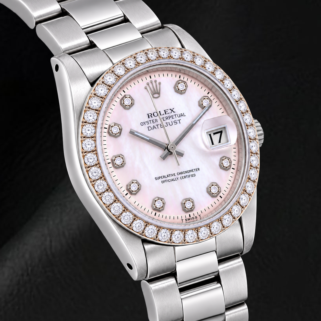 Rolex Datejust 1601 36 mm Edelstahluhr mit rosa Perlmutt-Diamantzifferblatt