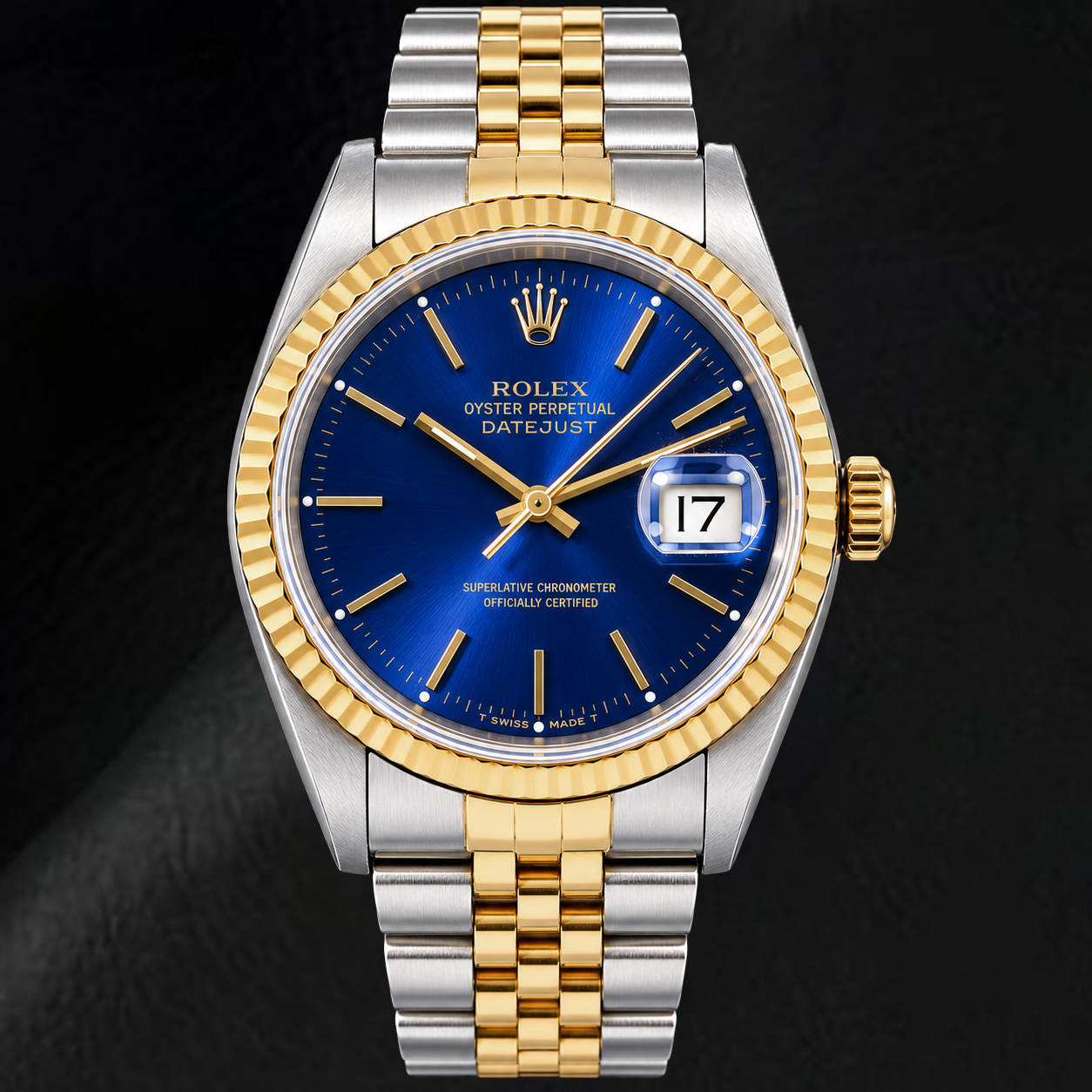 Rolex Datejust 16233 36 mm Bicolor Uhr, blaues Zifferblatt mit Stabindizes