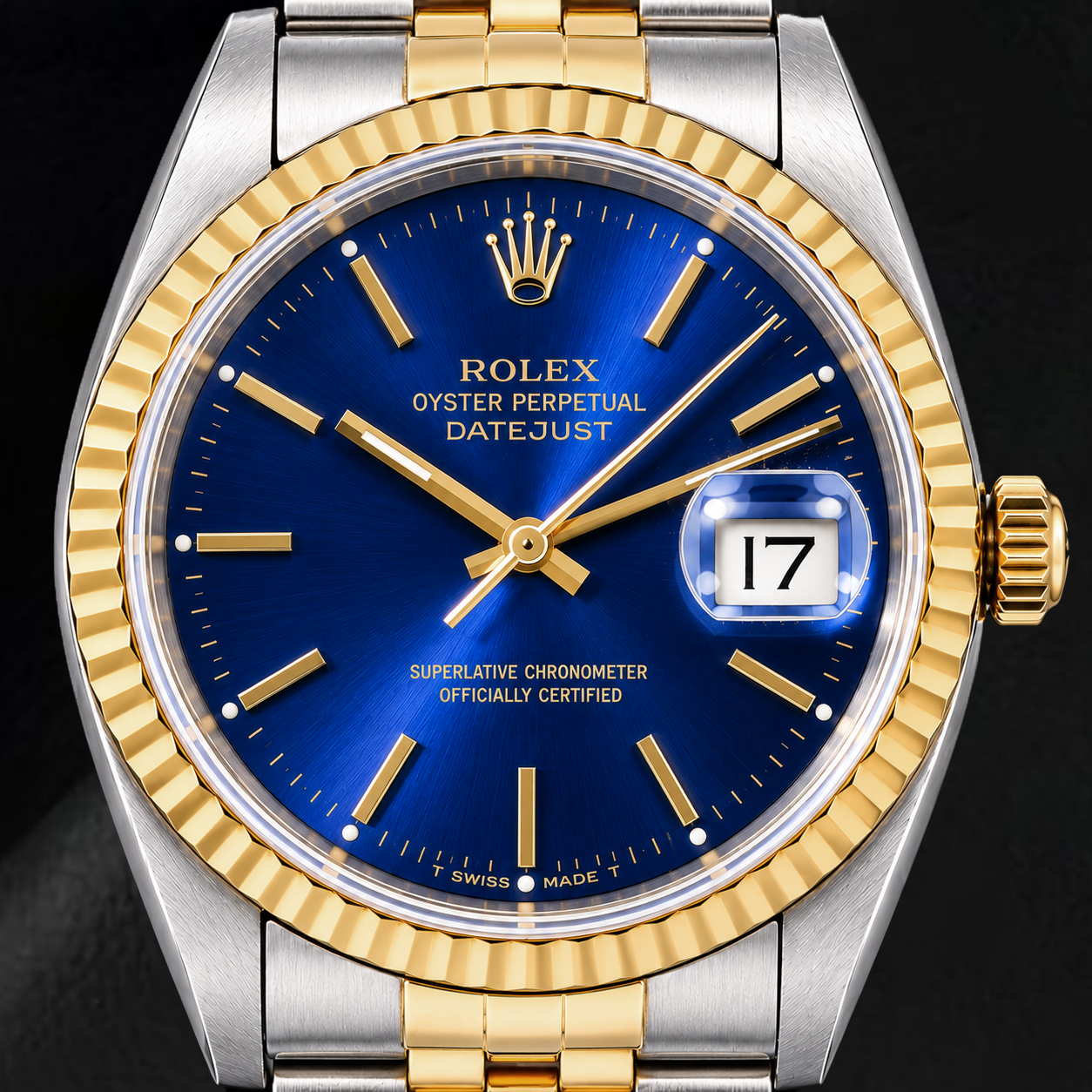 Rolex Datejust 16233 36 mm Bicolor Uhr, blaues Zifferblatt mit Stabindizes
