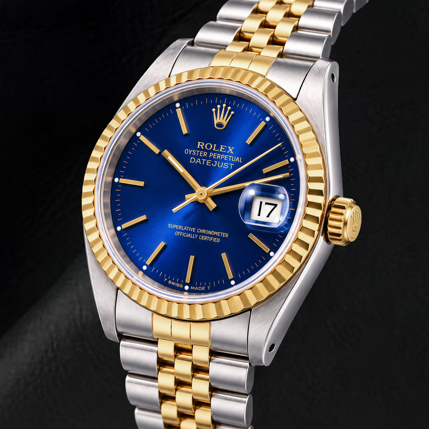 Rolex Datejust 16233 36 mm Bicolor Uhr, blaues Zifferblatt mit Stabindizes