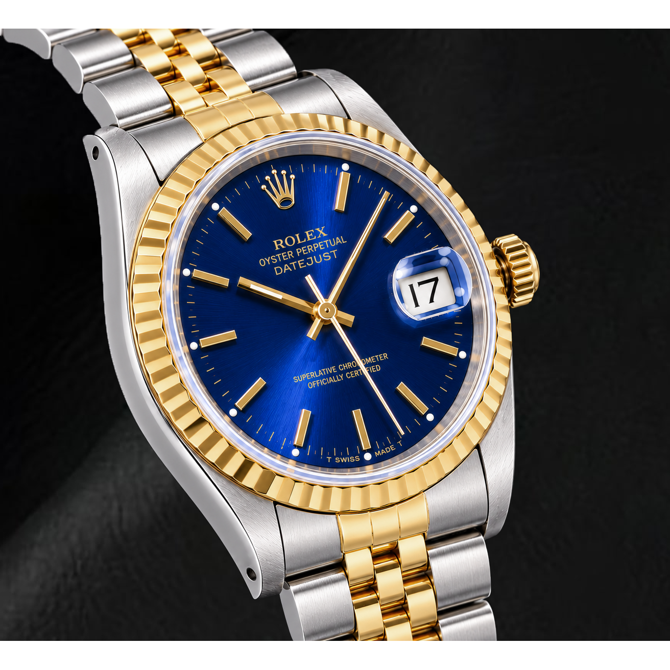 Rolex Datejust 16233 36 mm Bicolor Uhr, blaues Zifferblatt mit Stabindizes