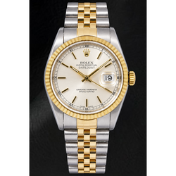 Rolex Datejust 16233 36 mm Bicolor Uhr, silbernes Zifferblatt mit Stabindizes