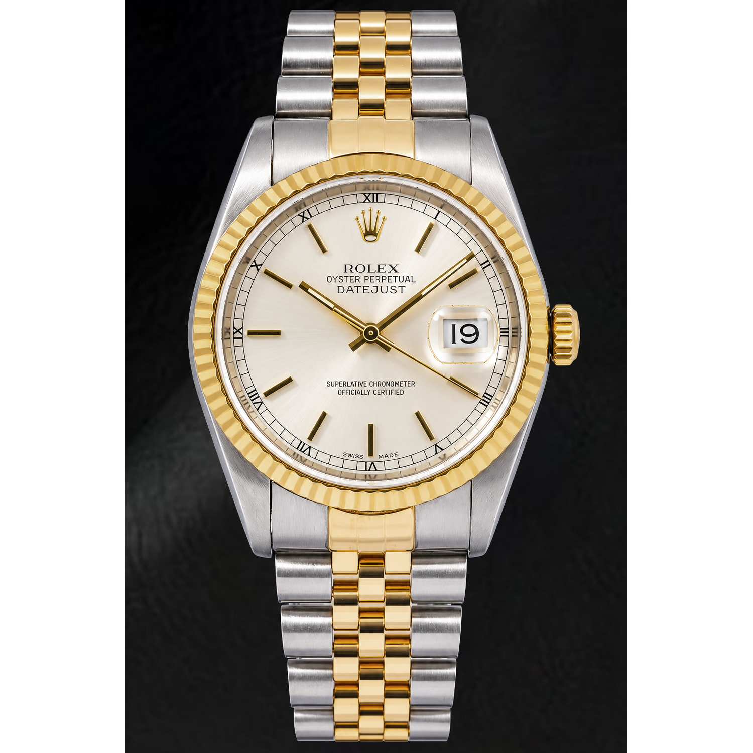 Rolex Datejust 16233 36 mm Bicolor Uhr, silbernes Zifferblatt mit Stabindizes