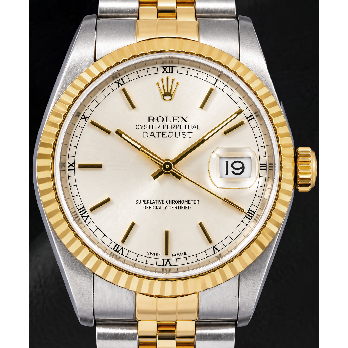Rolex Datejust 16233 36 mm Bicolor Uhr, silbernes Zifferblatt mit Stabindizes