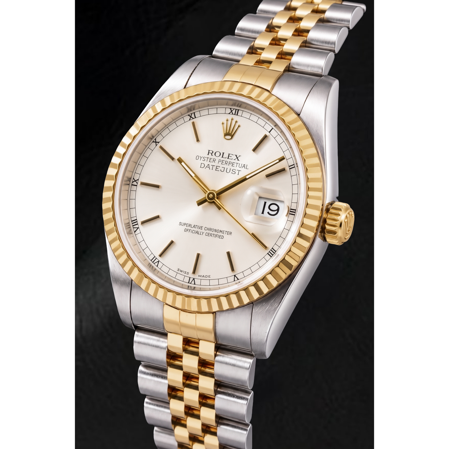 Rolex Datejust 16233 36 mm Bicolor Uhr, silbernes Zifferblatt mit Stabindizes