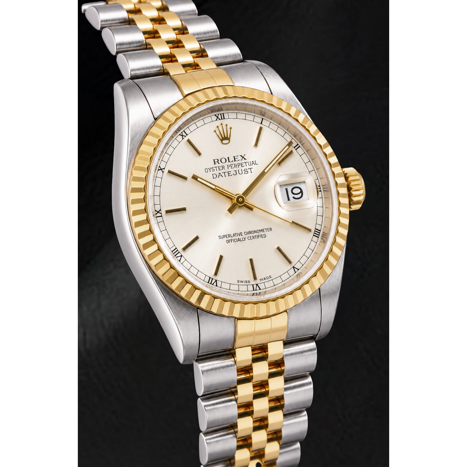Rolex Datejust 16233 36 mm Bicolor Uhr, silbernes Zifferblatt mit Stabindizes