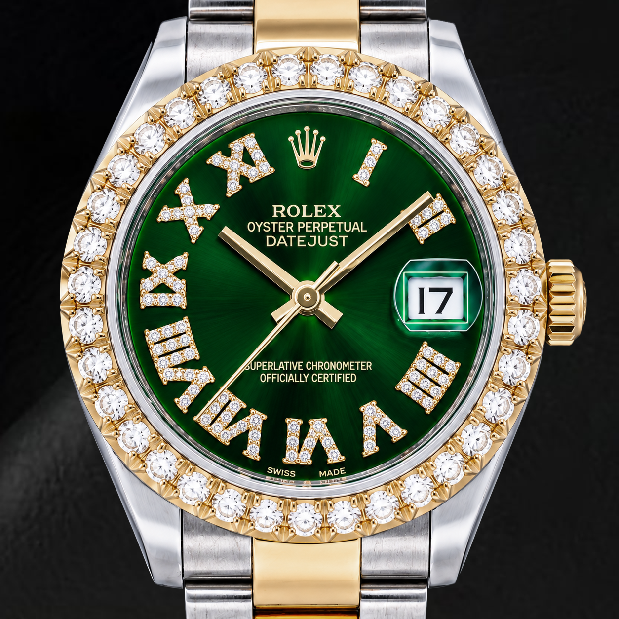 Rolex Datejust 178243 31 mm Bicolor-Uhr mit grünem römischem Diamantzifferblatt