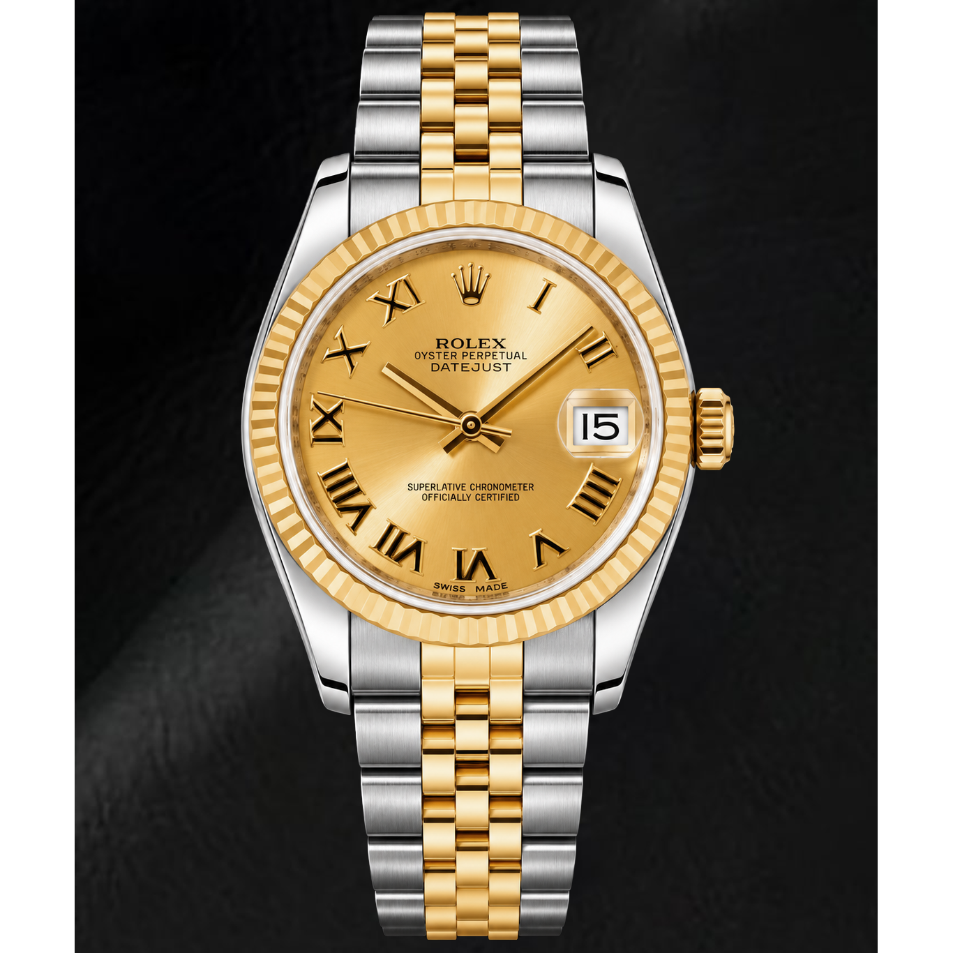 Rolex Datejust 178273 31 mm Bicolor Uhr mit champagnerfarbenem Zifferblatt und römischen Ziffern