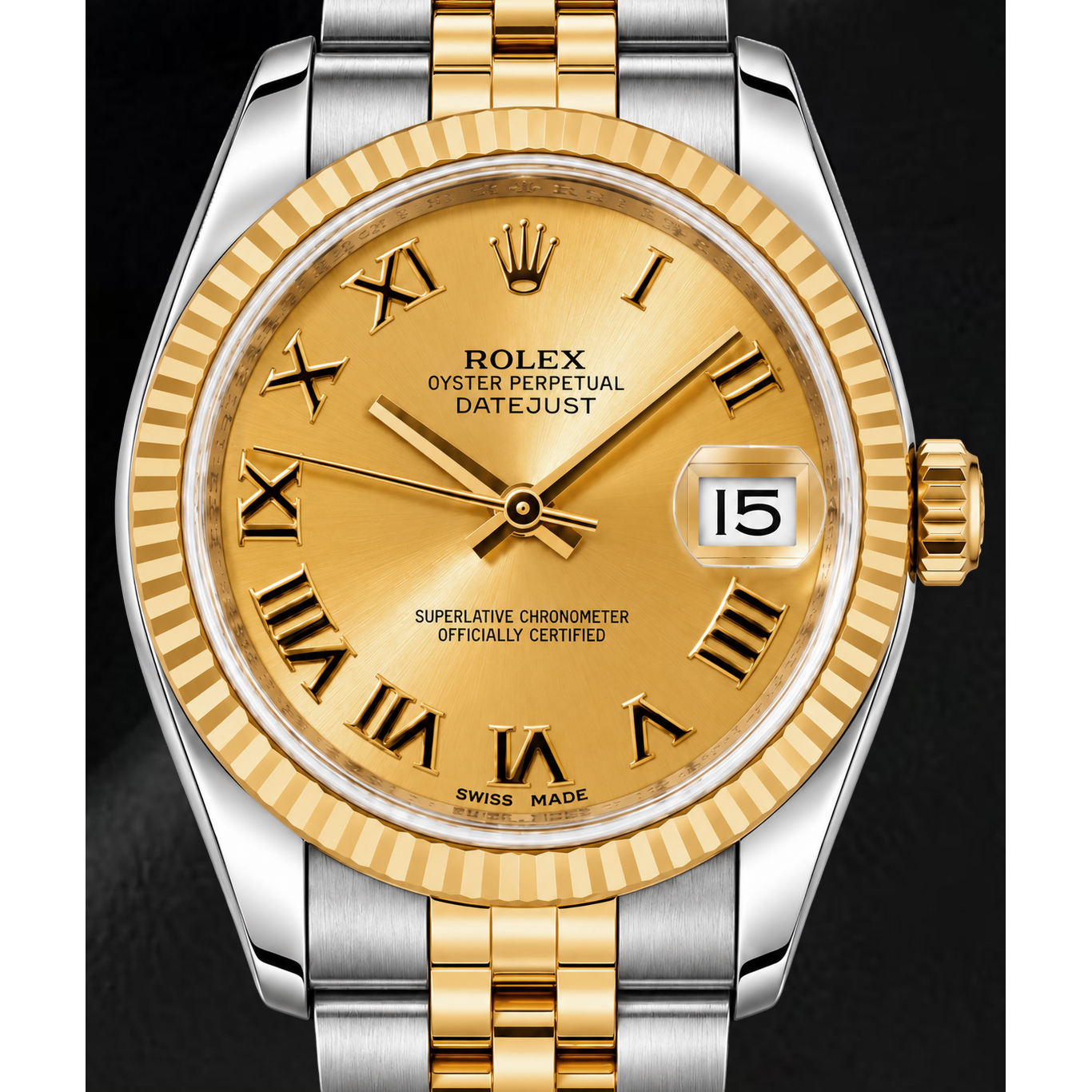 Rolex Datejust 178273 31 mm Bicolor Uhr mit champagnerfarbenem Zifferblatt und römischen Ziffern