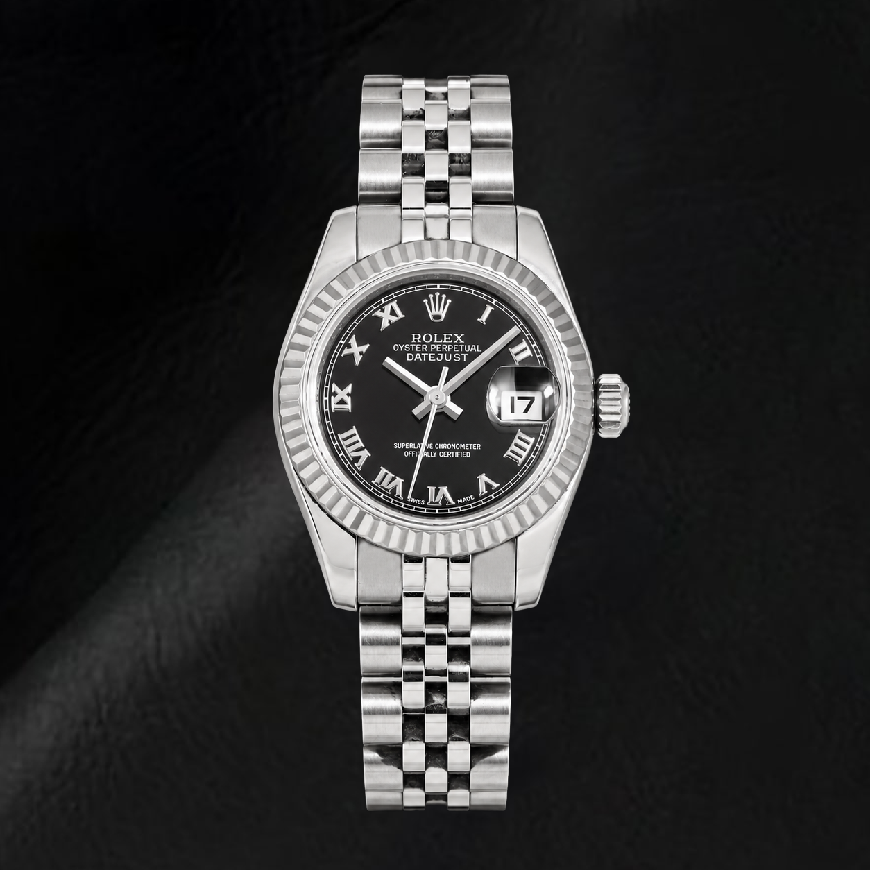 Rolex Datejust 179174 26 mm Uhr aus Edelstahl mit schwarzem römischen Zifferblatt