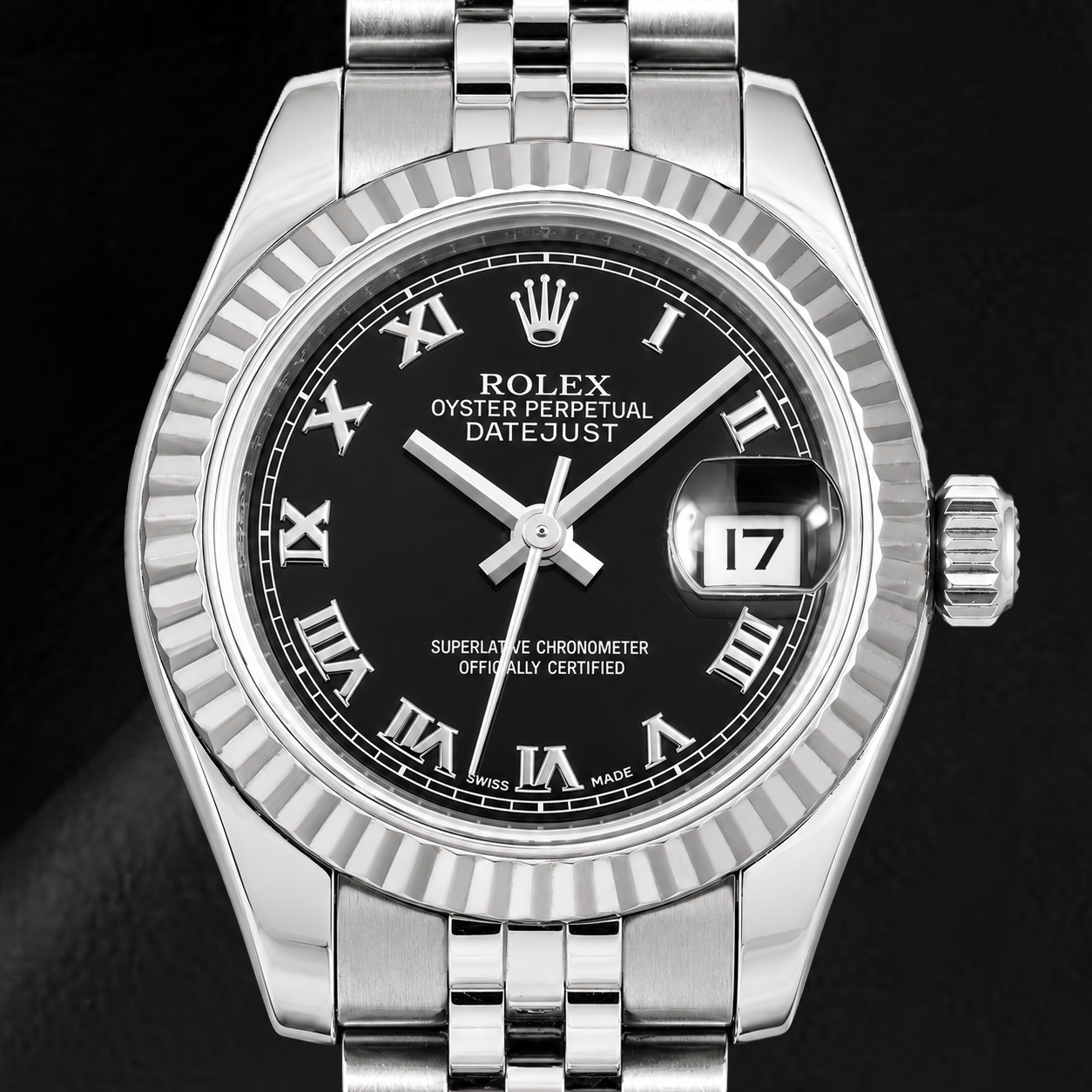Rolex Datejust 179174 26 mm Uhr aus Edelstahl mit schwarzem römischen Zifferblatt