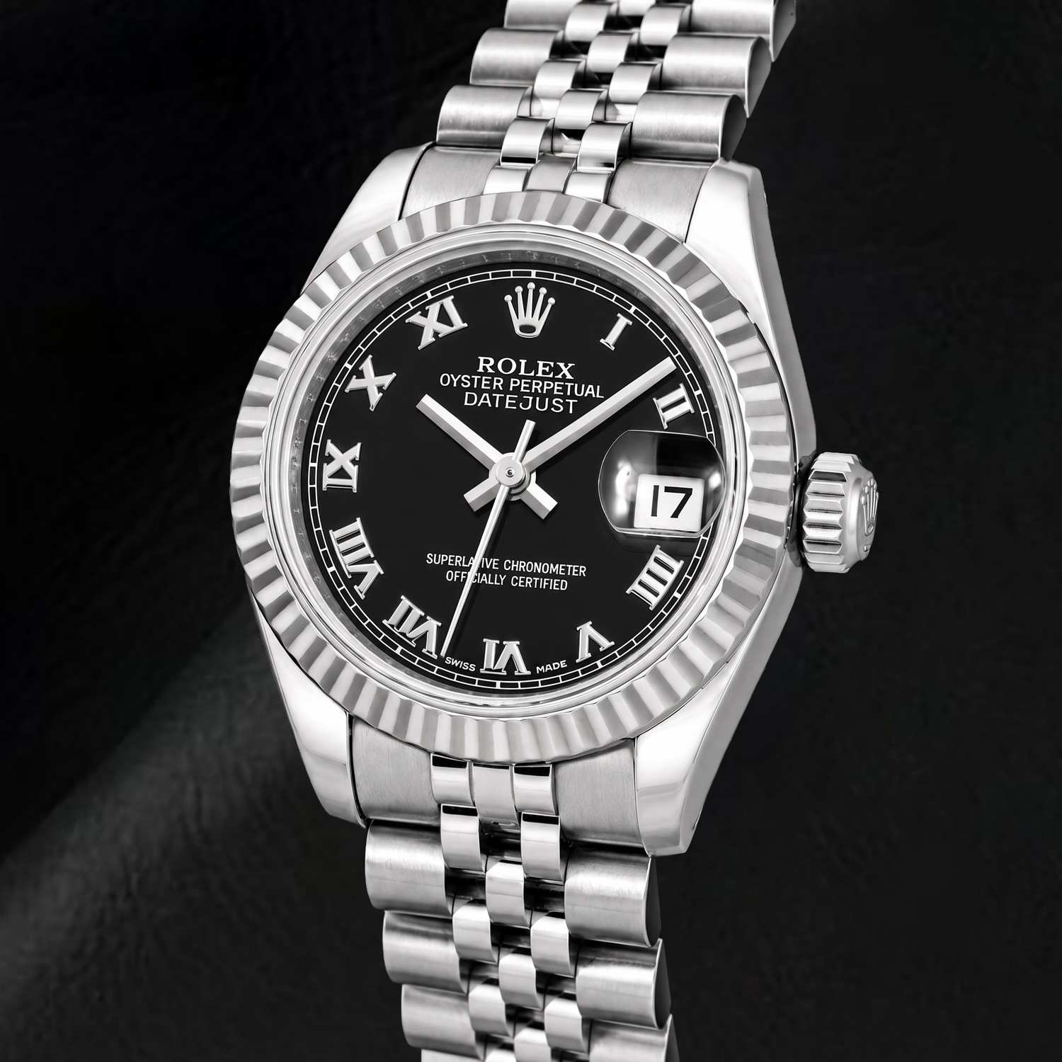 Rolex Datejust 179174 26 mm Uhr aus Edelstahl mit schwarzem römischen Zifferblatt