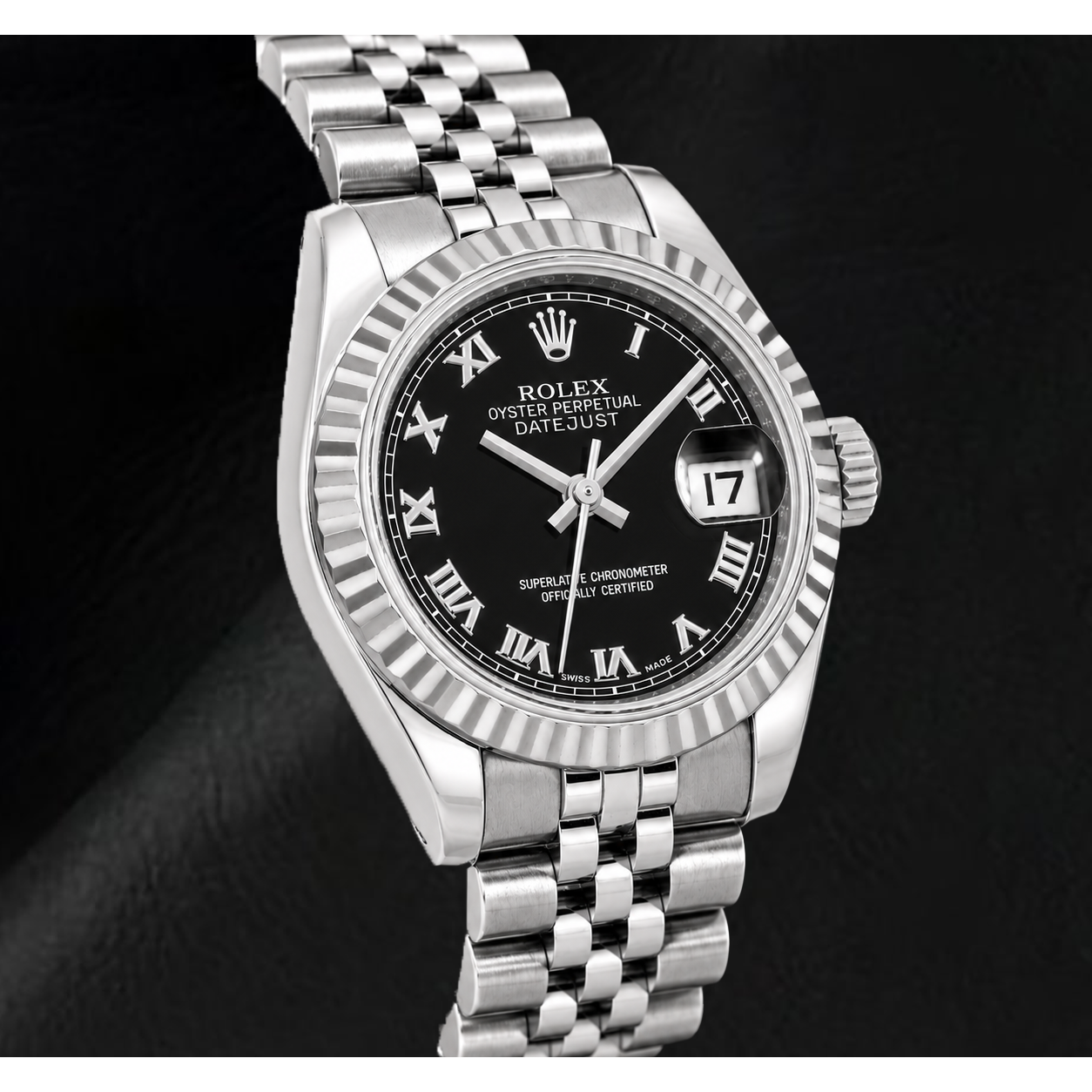 Rolex Datejust 179174 26 mm Uhr aus Edelstahl mit schwarzem römischen Zifferblatt