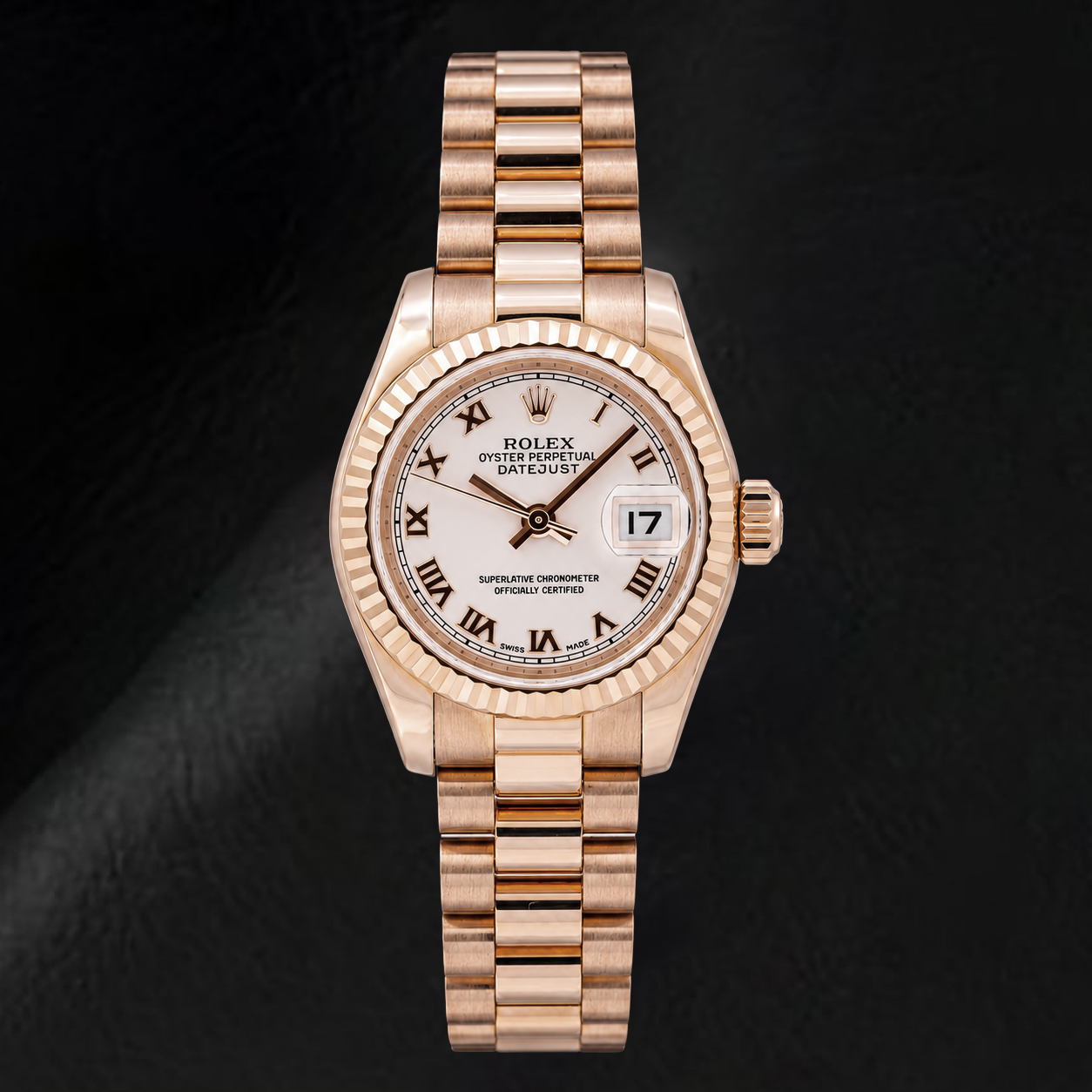 Rolex Datejust 179175 26 mm Uhr aus Roségold mit rosa Zifferblatt und römischen Ziffern