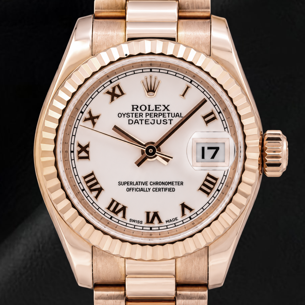 Rolex Datejust 179175 26 mm Uhr aus Roségold mit rosa Zifferblatt und römischen Ziffern