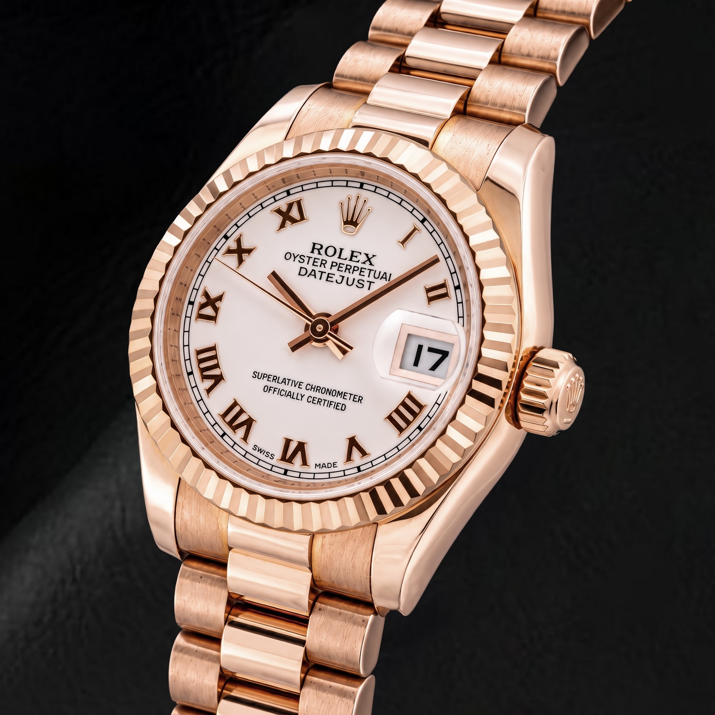 Rolex Datejust 179175 26 mm Uhr aus Roségold mit rosa Zifferblatt und römischen Ziffern