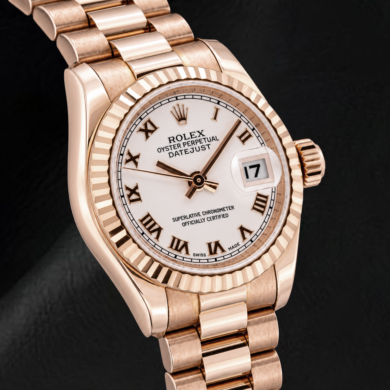 Rolex Datejust 179175 26 mm Uhr aus Roségold mit rosa Zifferblatt und römischen Ziffern
