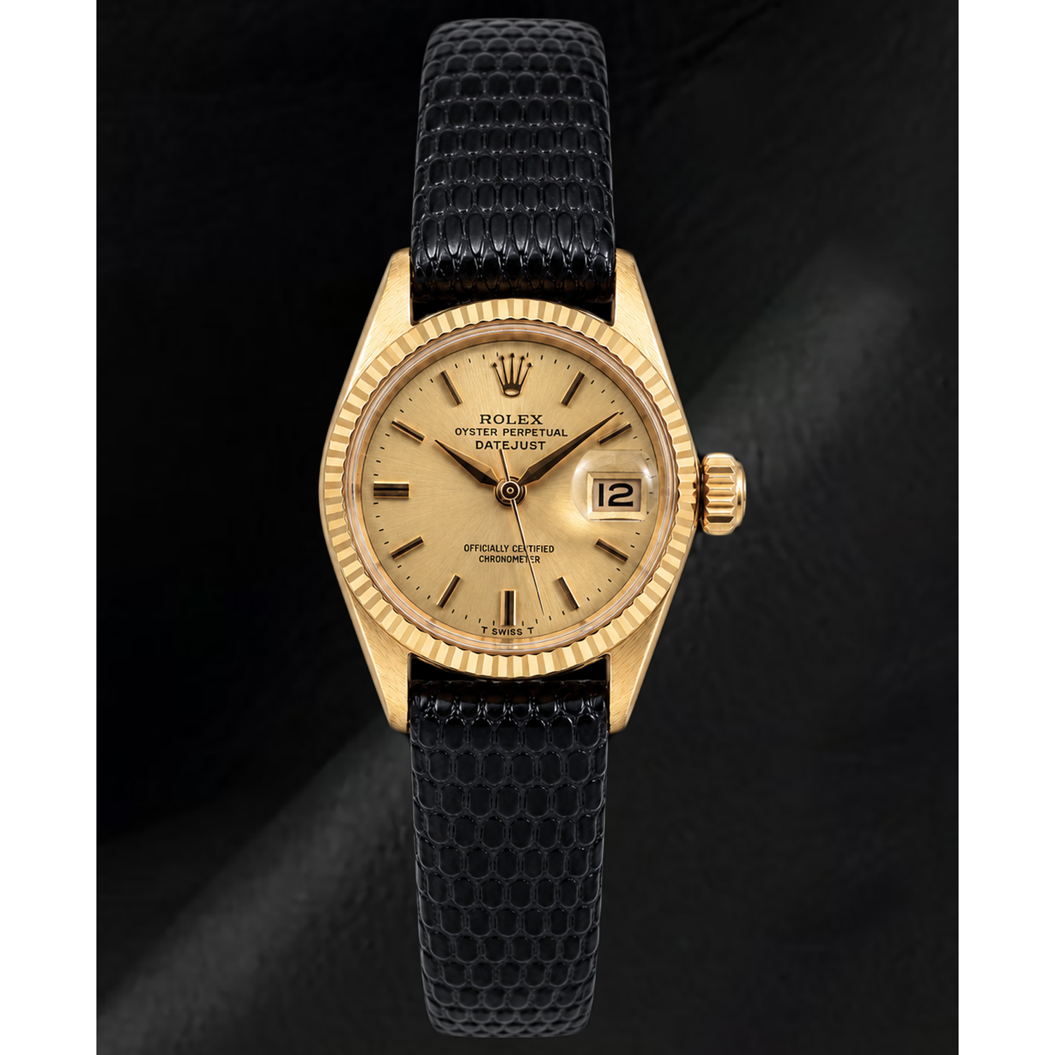 Rolex Datejust 26 mm 6517 Uhr mit Champagner-Zifferblatt, Gelbgold und schwarzem Lederarmband