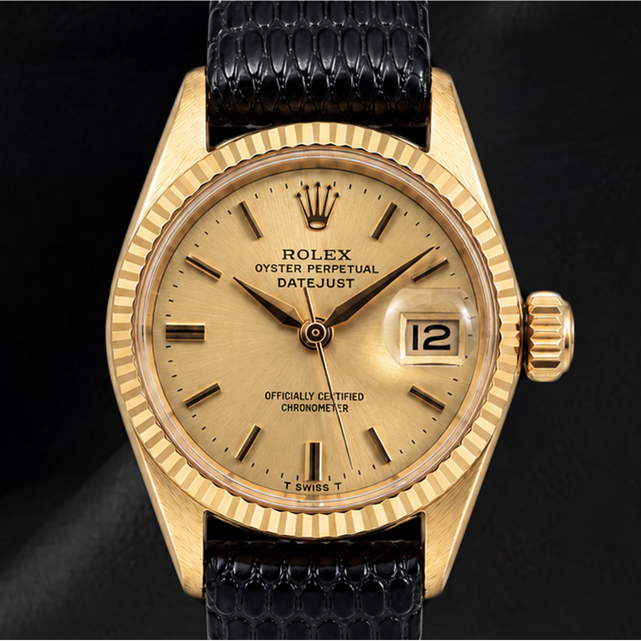 Rolex Datejust 26 mm 6517 Uhr mit Champagner-Zifferblatt, Gelbgold und schwarzem Lederarmband