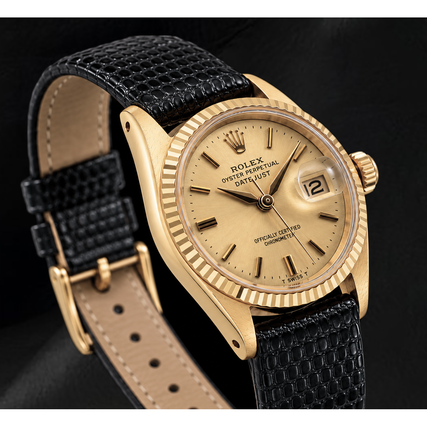 Rolex Datejust 26 mm 6517 Uhr mit Champagner-Zifferblatt, Gelbgold und schwarzem Lederarmband