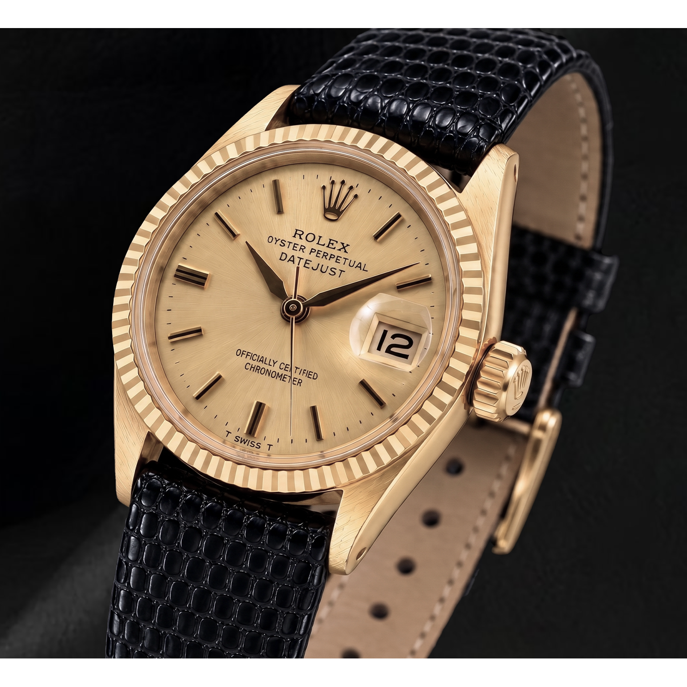 Rolex Datejust 26 mm 6517 Uhr mit Champagner-Zifferblatt, Gelbgold und schwarzem Lederarmband