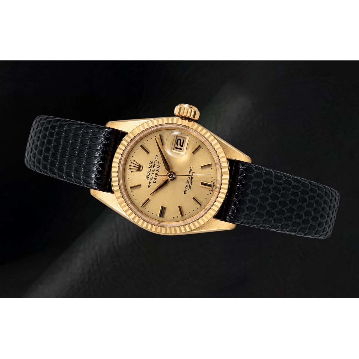 Rolex Datejust 26 mm 6517 Uhr mit Champagner-Zifferblatt, Gelbgold und schwarzem Lederarmband