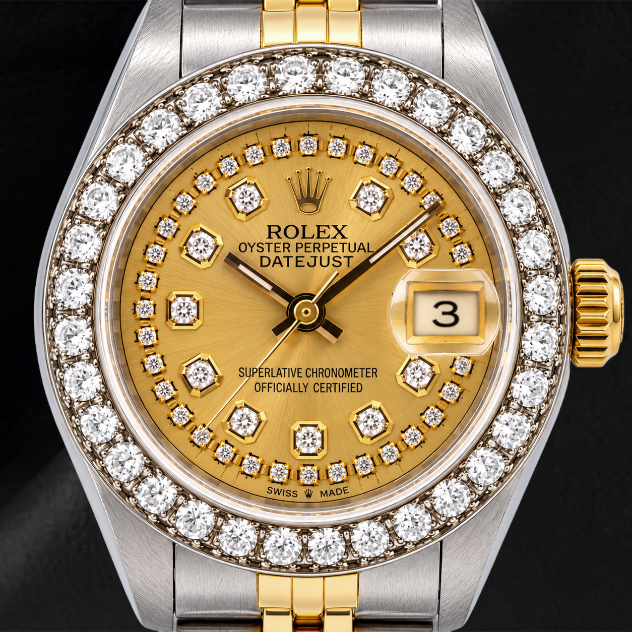 Rolex Datejust 26 mm 6917 Champagnerfarbenes Diamantzifferblatt mit Diamantkranz Bicolor Jubilé-Armband Uhr