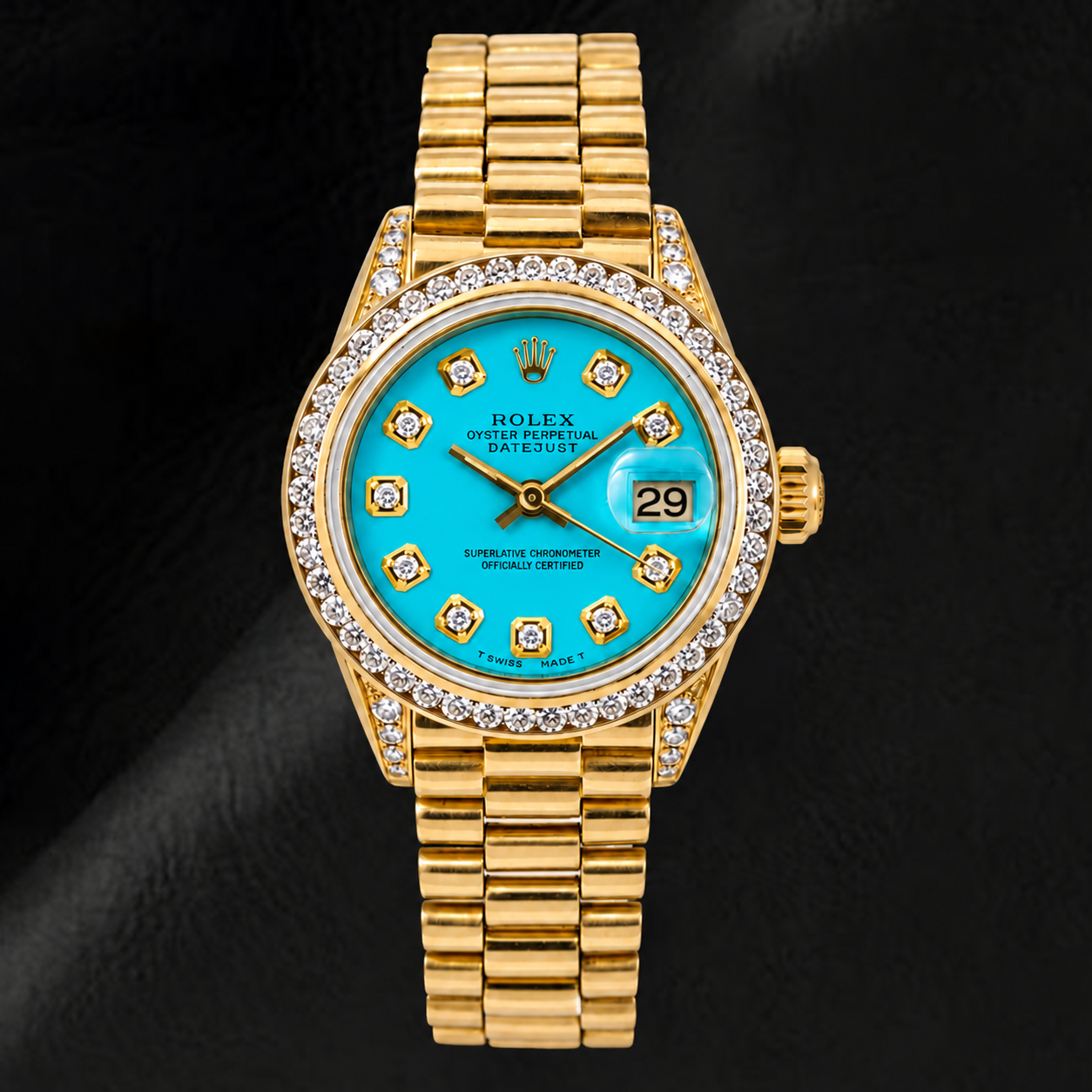 Rolex Datejust 26 mm 6917 Gelbgold-Uhr mit Türkis-Diamantzifferblatt