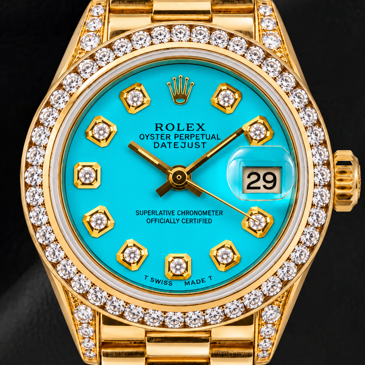 Rolex Datejust 26 mm 6917 Gelbgold-Uhr mit Türkis-Diamantzifferblatt