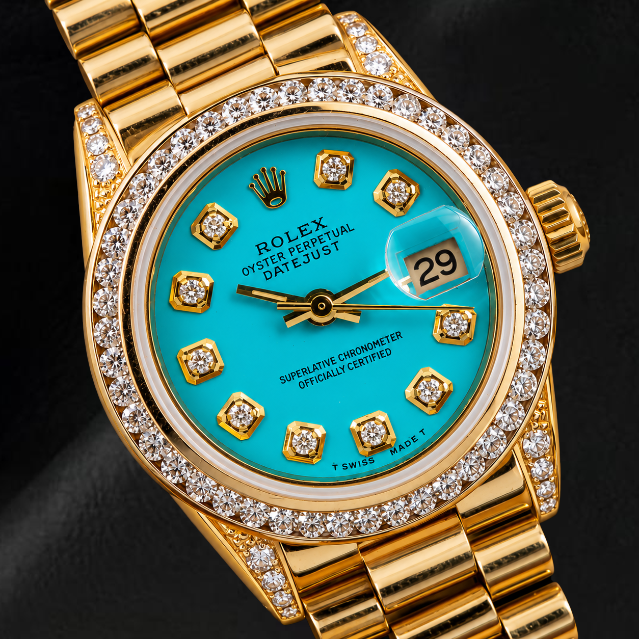 Rolex Datejust 26 mm 6917 Gelbgold-Uhr mit Türkis-Diamantzifferblatt