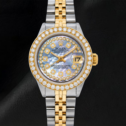 Rolex Datejust 26 mm Blaues Perlmutt-Diamantzifferblatt mit Diamantkranz Bicolor Jubilé-Armband Uhr