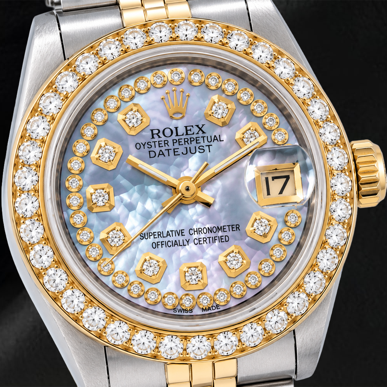 Rolex Datejust 26 mm Blaues Perlmutt-Diamantzifferblatt mit Diamantkranz Bicolor Jubilé-Armband Uhr