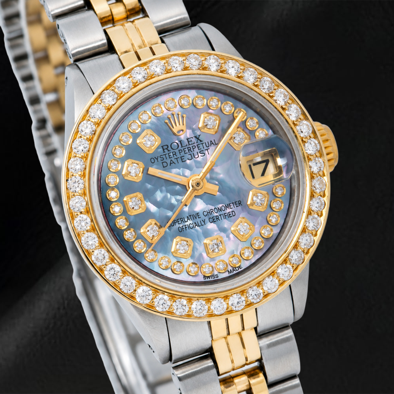 Rolex Datejust 26 mm Blaues Perlmutt-Diamantzifferblatt mit Diamantkranz Bicolor Jubilé-Armband Uhr