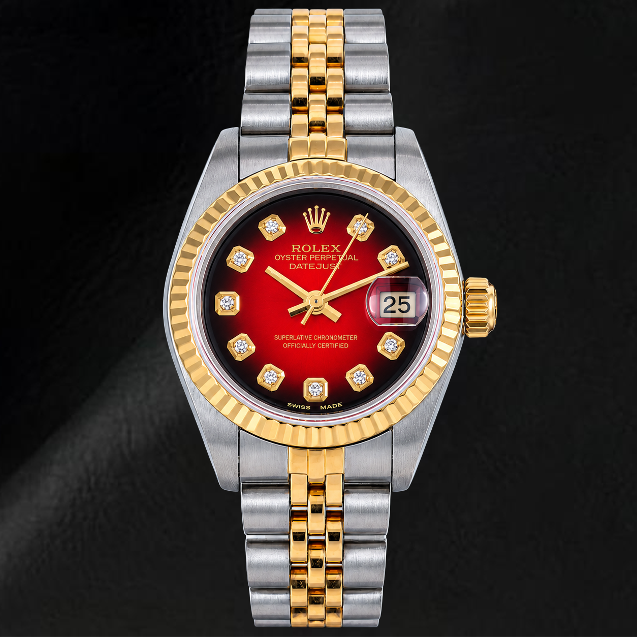 Rolex Datejust 26mm 69173 Rotes Diamantzifferblatt Geriffelte Lünette Bicolor Uhr