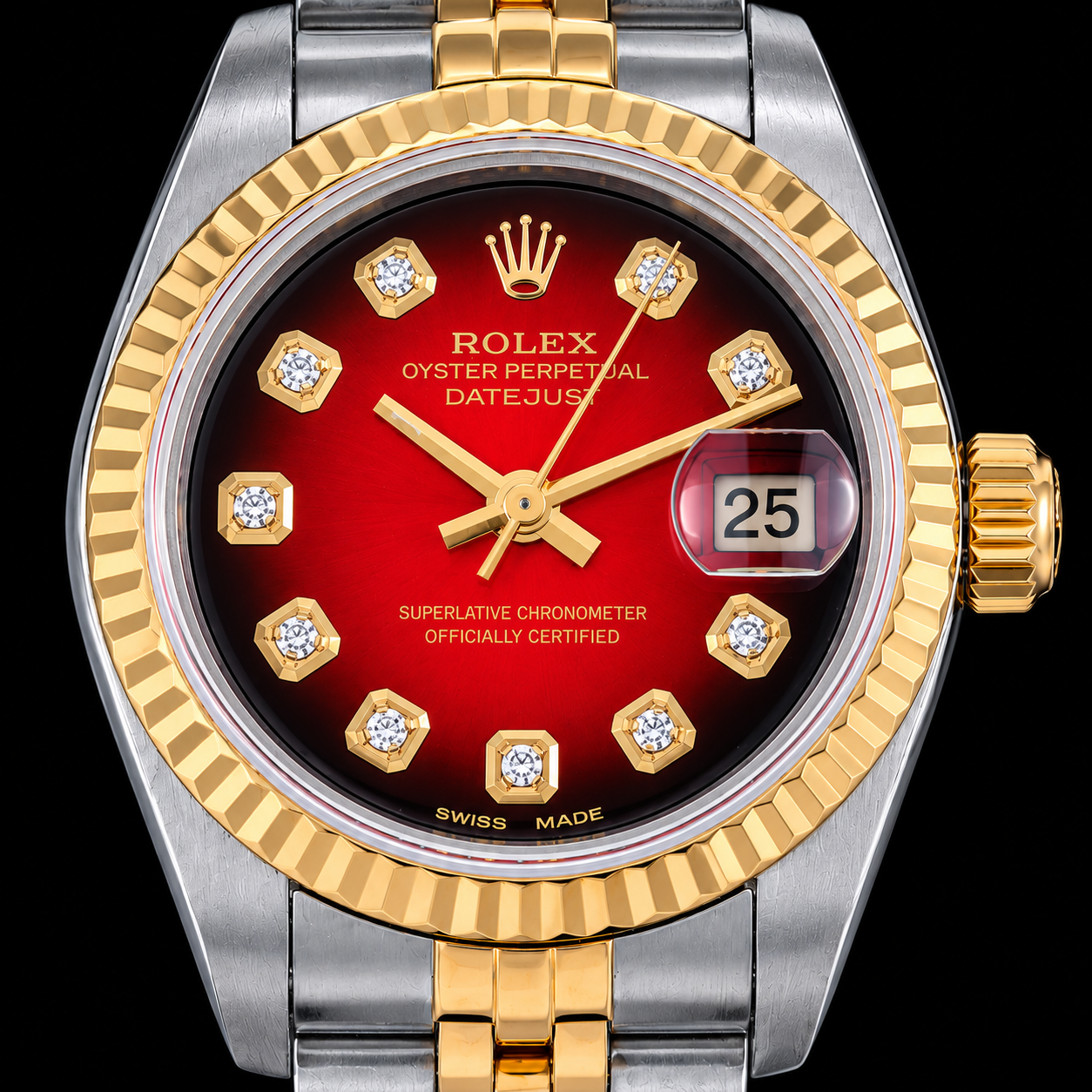 Rolex Datejust 26mm 69173 Rotes Diamantzifferblatt Geriffelte Lünette Bicolor Uhr