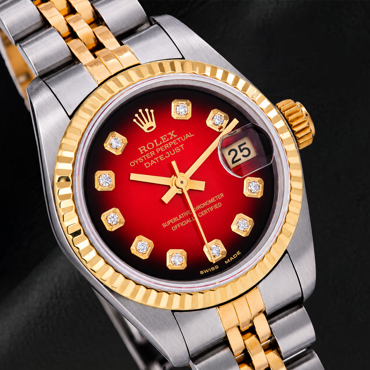 Rolex Datejust 26mm 69173 Rotes Diamantzifferblatt Geriffelte Lünette Bicolor Uhr