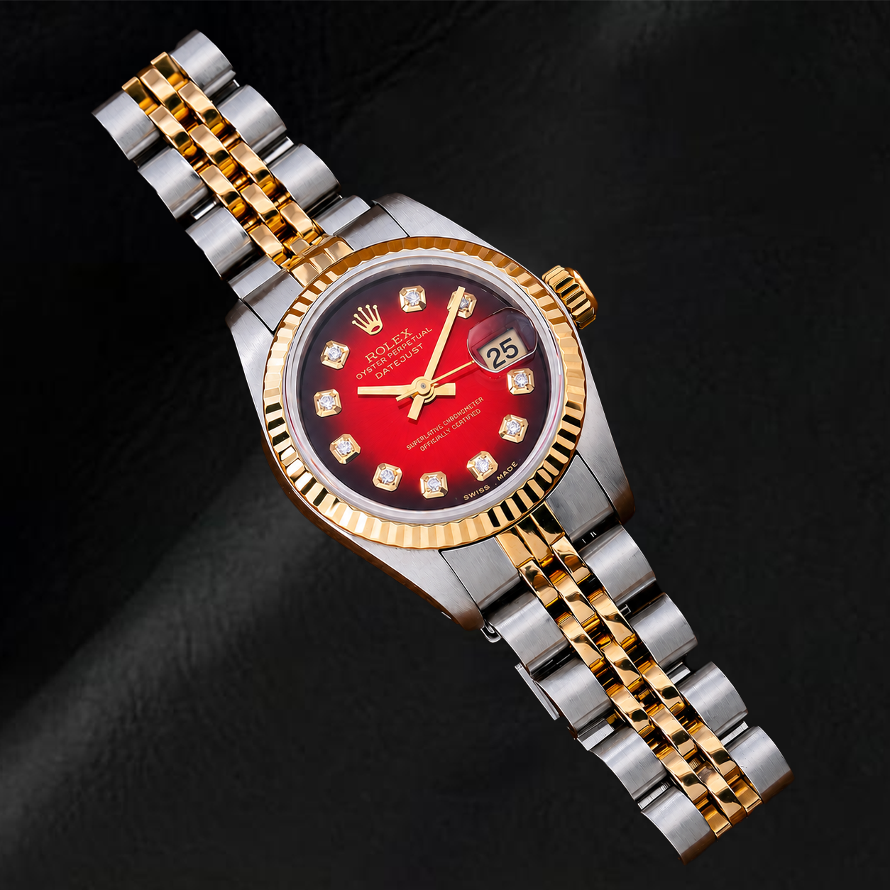 Rolex Datejust 26mm 69173 Rotes Diamantzifferblatt Geriffelte Lünette Bicolor Uhr