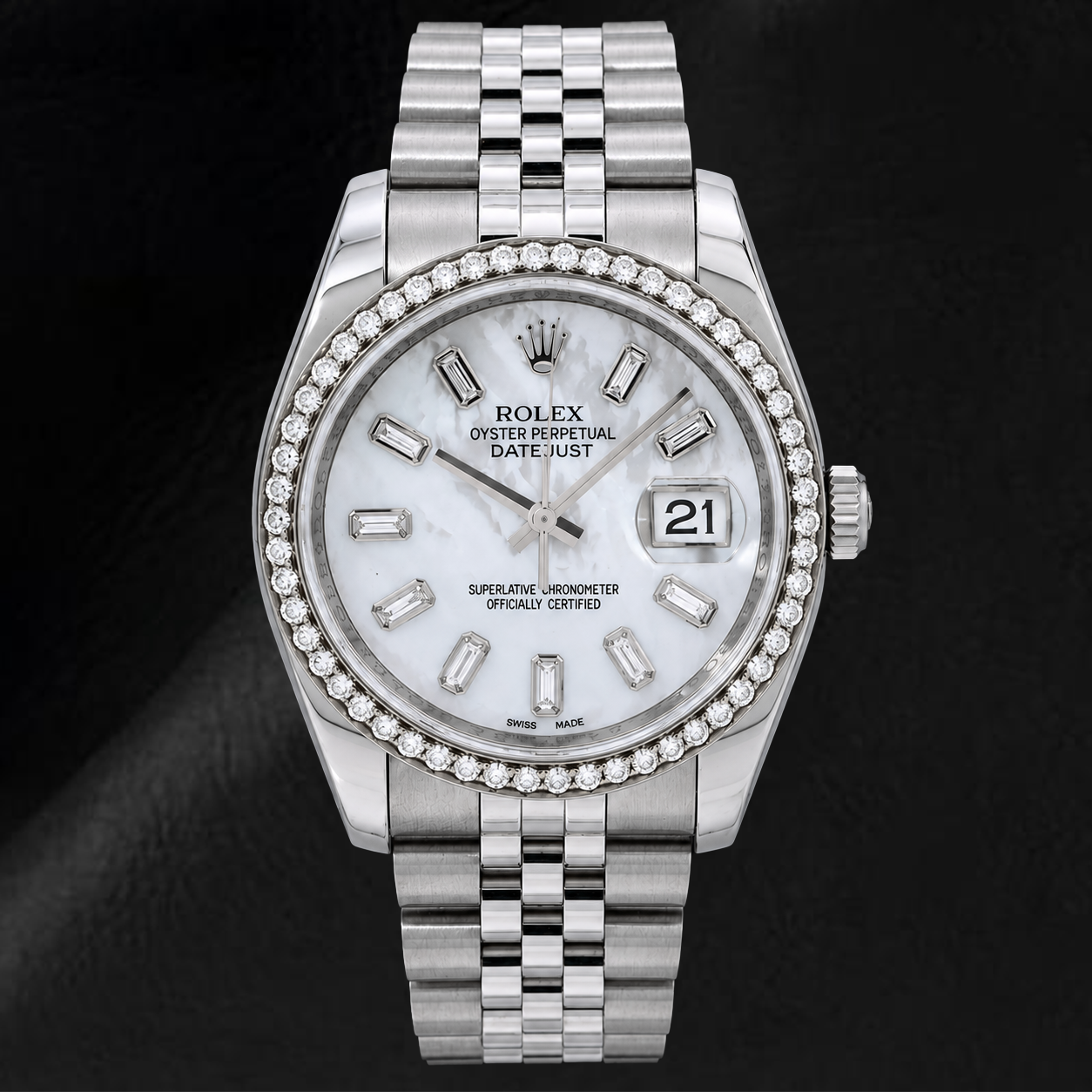 Rolex Datejust 36 mm 116200 Uhr, Baguette-Diamantzifferblatt aus weißem Perlmutt, Diamantlünette, Jubilé-Armband
